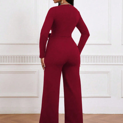Simple And Stylish, Elegant Commuting Jumpsuit, Long Sleeve Straight Jumpsuit, V-neck, Cross Pleated, Tie-up Casual Jumpsuit, For Everyday Wear.