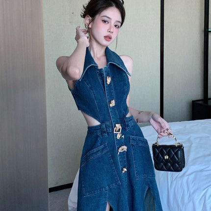 Women Spring Summer Sleeveless Dress Denim Outfits