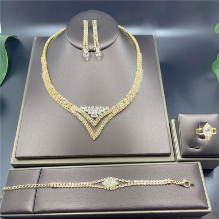 Fashion Luxury Rhinestone Earrings Necklace Ring Bracelet Four Piece Chain
