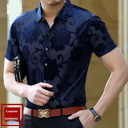 Short Sleeve Hollow Men's Shirt Flocking Embroidered Shirt