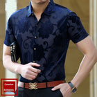 Short Sleeve Hollow Men's Shirt Flocking Embroidered Shirt