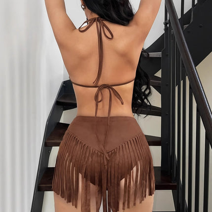 Women's Holiday Style Tassel Hanging Neck Backless Vest Set
