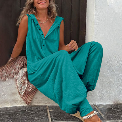 Hot Selling Button Up Hooded Sleeveless Pants In Stock, Jumpsuit With Pockets