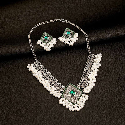 Women's Vintage Moonstone Necklace Pearl Earrings Set