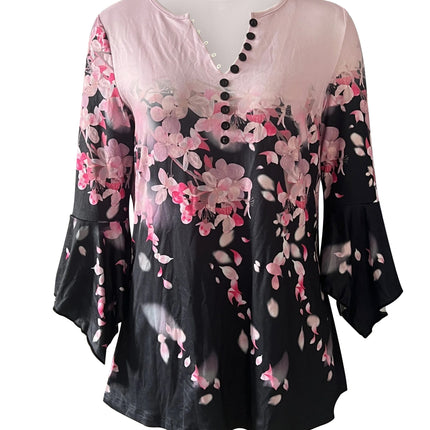 Spring And Autumn New Printed Spike Button Irregular Three-quarter Sleeve T-shirt Casual Top