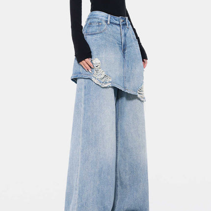 Vintage Blue Washed Fake Two-piece Jeans For Women Ripped Straight Pants