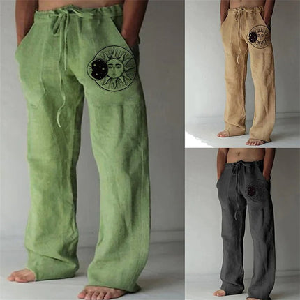 Printed Cotton And Linen Loose Casual Drawstring Trousers