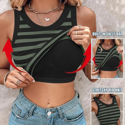 Slim Striped Vest With Bralette Ins Fashion Round Neck Sleeveless Tank Tops For Women Clothing