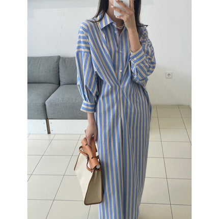 Contrast Color Striped Pleated Design Loose Casual Long Sleeves Shirt Dress