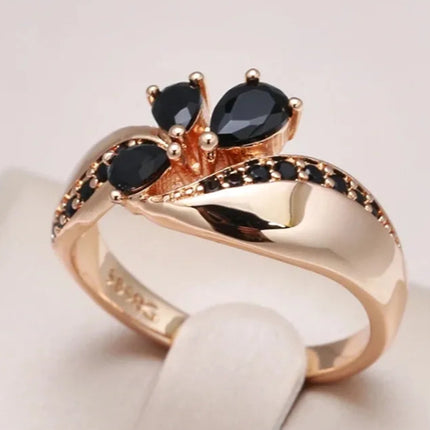 French Luxury Black Zircon Floral Women's Ring