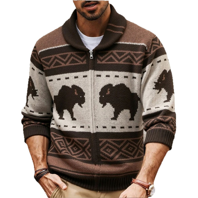 Men's European And American Retro Jacquard Knit Sweater Autumn And Winter Thickened Cardigan
