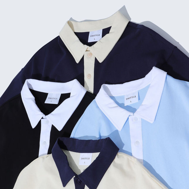 Japanese Fashion Brand Casual Contrast Color Lapel Short Sleeve