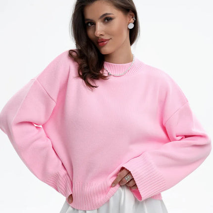 Round Neck Pullover Loose-fitting Solid Color Long Sleeves All-match Sweater