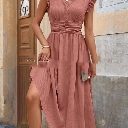 Elegant Solid Color And V-neck Stitching Lace Dress