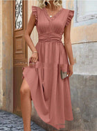 Elegant Solid Color And V-neck Stitching Lace Dress