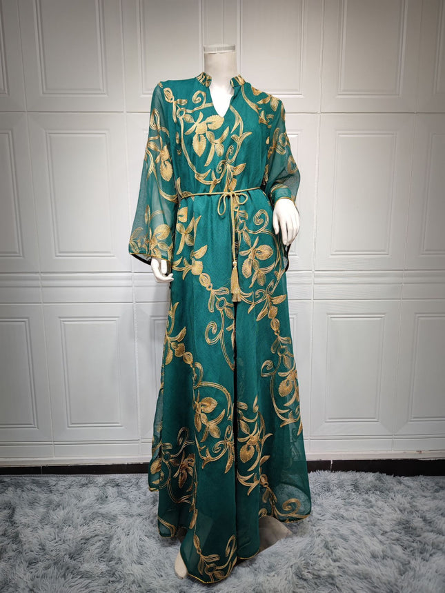 Arab Dubai Embroidered Mesh Dress European Muslim Party Dinner Fashion