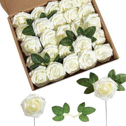 Foam Pe Rose Fake Flower With Rod And Leaf 25 Wedding Decoration Flowers Valentine's Day Gift