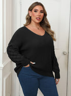 Plus Size Women's Pineapple Sleeve Stitching Deep V Woven Leisure Pullover Sweater
