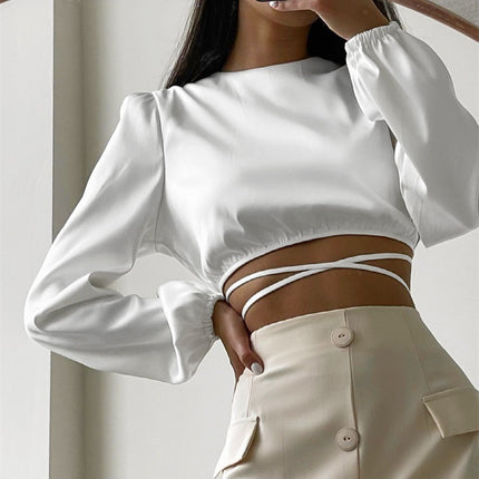 New Lace-up Backless Design Sense Short Section Sexy Navel Long-sleeved Tops Europe And The United States Women Blouses
