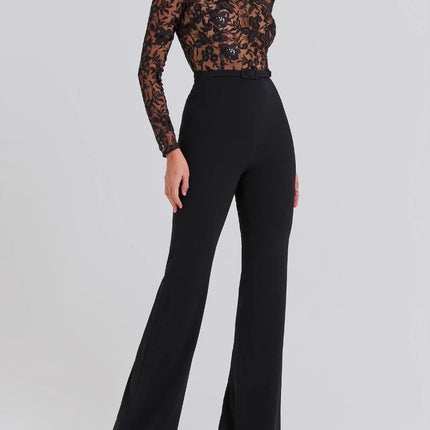 Black See-through Lace Long-sleeved Trousers Jumpsuit