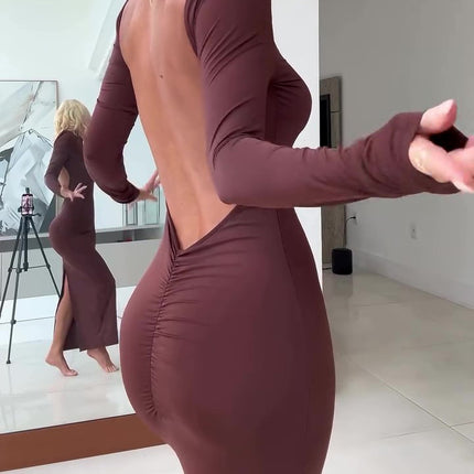 Brown Backless Long Sleeve Maxi Dress