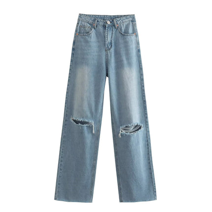 Spring And Summer Women's Perforated Hole Decoration High Waist Wide Leg Jeans