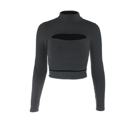 Europe Sexy Hollow Cross-border Long-sleeved High-necked Blouses Short Top