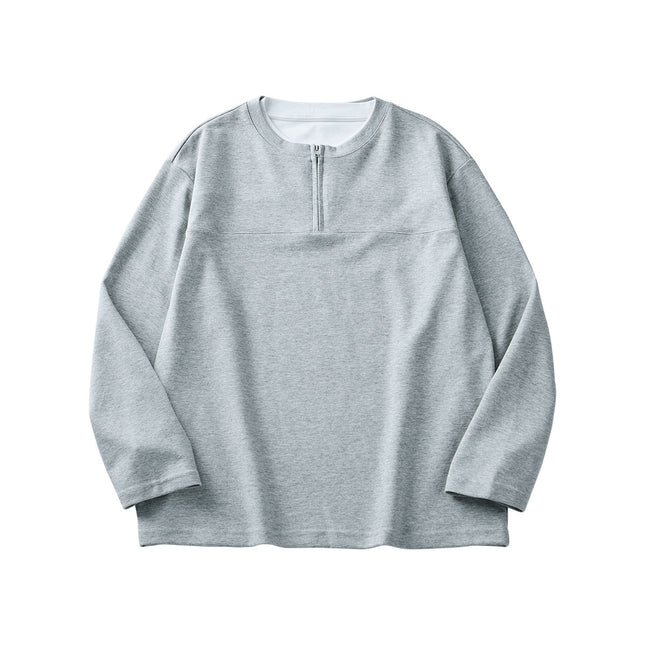 Half Long-sleeve Zipper T-shirt Men's Autumn High-grade Contrast Color Loose Crew Neck Top