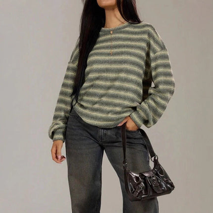 Casual Elegant Round Neck Striped Pullover Knitted Sweater