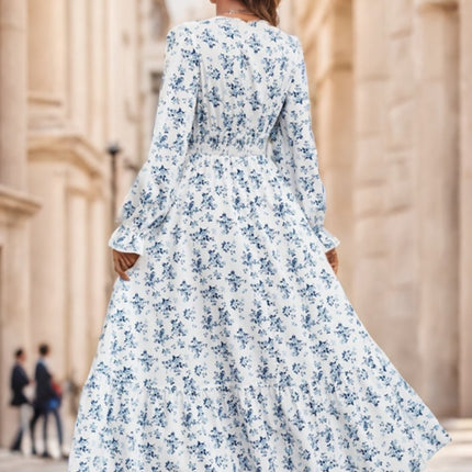 Floral Print Flounce Sleeve Shirred Dress Maxi Women Outfit