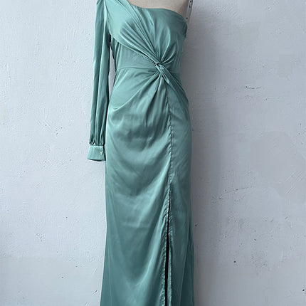 Women's One-shoulder Split Dress Ins Fashion Long-sleeved Slim Long Dresses Party Evening Clothing