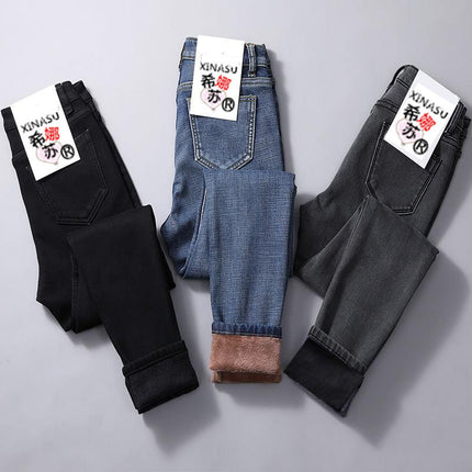 Women Velvet Jeans Stretch High Waist Winter Warm Pants
