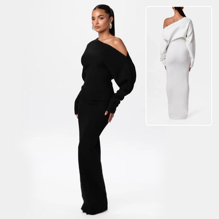 Ins Slim Long Sleeve Knitted Dress Evening Party Sexy Off-shoulder Bodycon Long Dresses