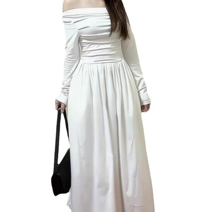 Off-shoulder White Knitted Long-sleeved Dress Women