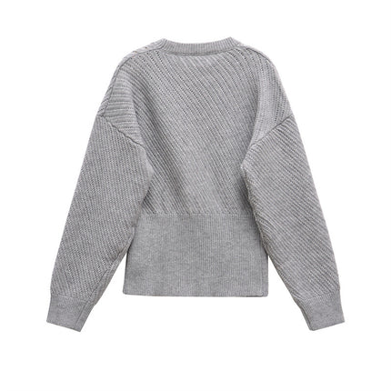 Women's Autumn And Winter Ribbed Woven O-neck Short Knitted Long Sleeve Sweater
