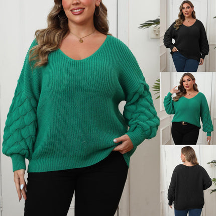 Plus Size Women's Pineapple Sleeve Stitching Deep V Woven Leisure Pullover Sweater