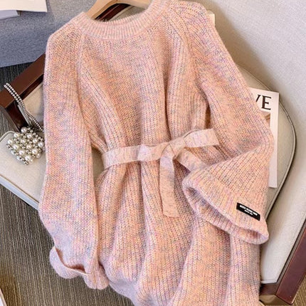 Plus Size Round Neck Sweater Autumn Women Clothing Idle Style Chubby Slimming Mid-length Waist Tight Pullover Sweater