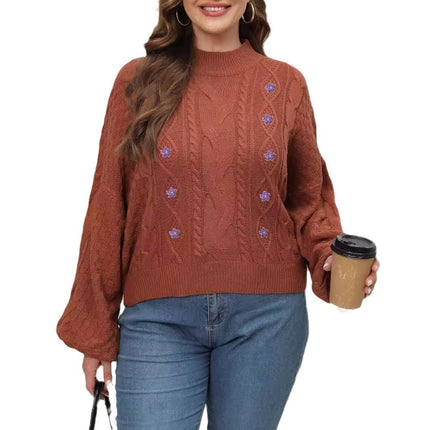 Women's Woven Sweater Plus Size Half-turtleneck Lantern Sleeve Flower Sweater