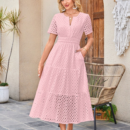 V-neck Hollow Pleated Short Sleeves Long Dress