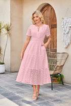 V-neck Hollow Pleated Short Sleeves Long Dress