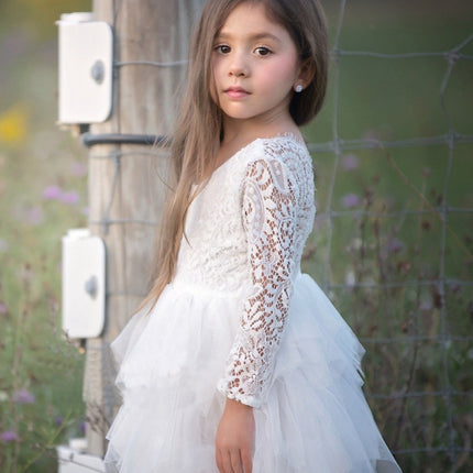 Autumn And Winter Explosions Hollow Children's Skirt Lace Long-sleeved Girls White Princess Dress Irregular Dress
