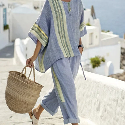 Summer Striped Suits Loose Batwing Sleeve T-shirt And Solid Straight-leg Pants