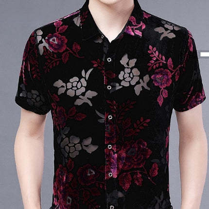 Short Sleeve Hollow Men's Shirt Flocking Embroidered Shirt