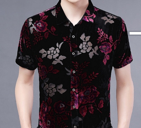 Short Sleeve Hollow Men's Shirt Flocking Embroidered Shirt
