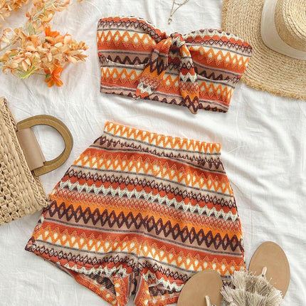 Women's Sexy 2pcs Set  Summer  Colorful Striped Elastic Suitable For Vacation And Daily Travel