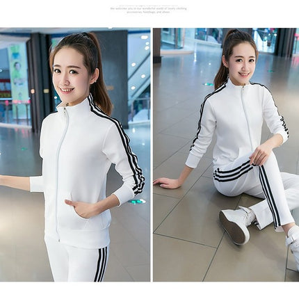 Spring and Autumn New Korean Fashion Running Sportswear Set Female Student Stand Collar Three Bars Two Piece Set Women