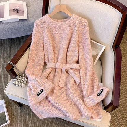 Plus Size Round Neck Sweater Autumn Women Clothing Idle Style Chubby Slimming Mid-length Waist Tight Pullover Sweater