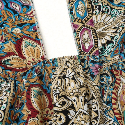 Women Print Maxi Dress High Waisted Cross Halter Neck With Tie Detail,Flowing Vacation Gown In Teal, Blue-Green & Brown Paisley   Pattern, Machine Washable, Summer Fashion Decorative Tie Detail
