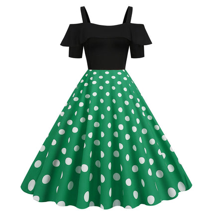 Lotus Leaf Edge Suspender Short Sleeved Black Polka Dot Big Swing Dress