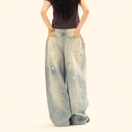 Washed Distressed Casual Loose Wide-leg Jeans Splash-ink Design Slimming Unisex Style Mop Pants Men And Women